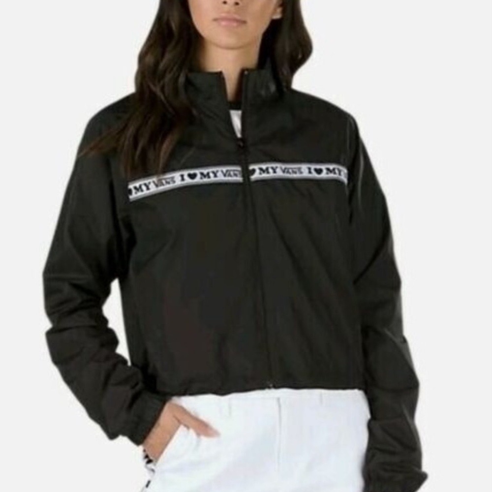 Vans Windbreaker Jacket Womens Medium Black I Love My Vans Logo Tape Cropped Zip
